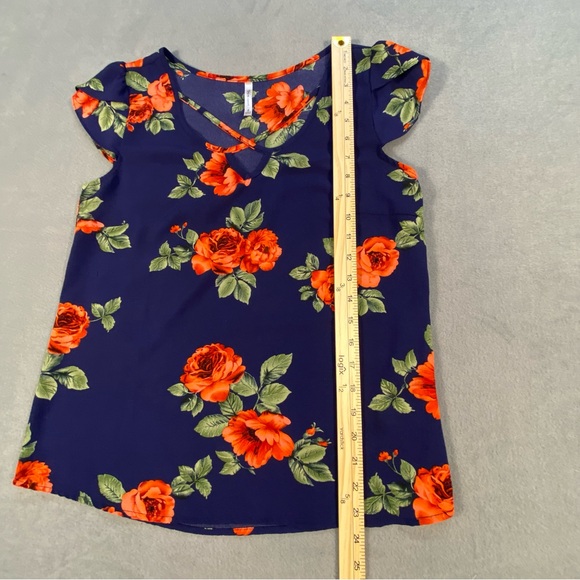 DNA Couture Women’s navy & orange Floral blouse, V-neck, cap sleeves, size S - Picture 7 of 8